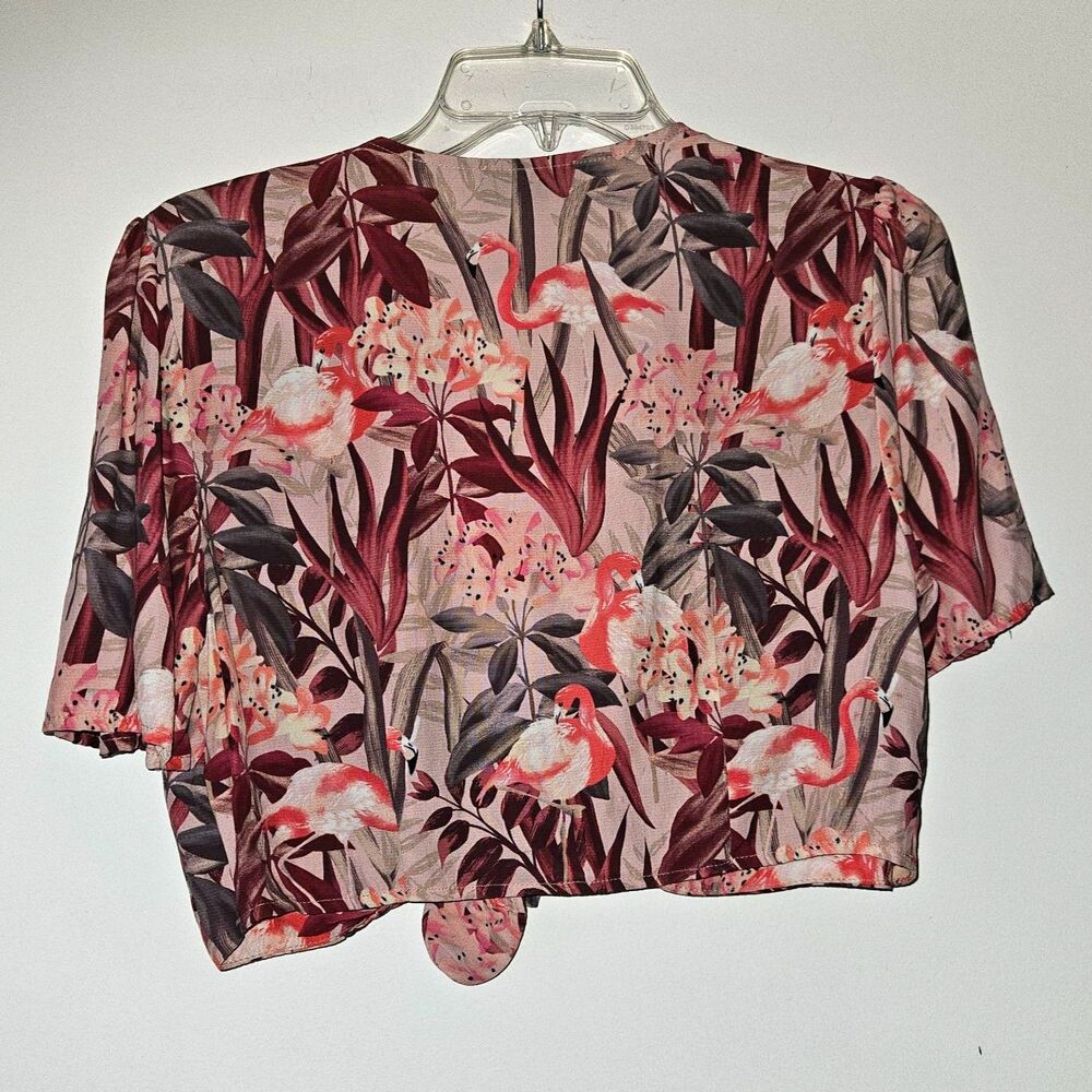 ZARA Pink Floral and Flamingo Front Tie Crop Top Small - Picture 3 of 3